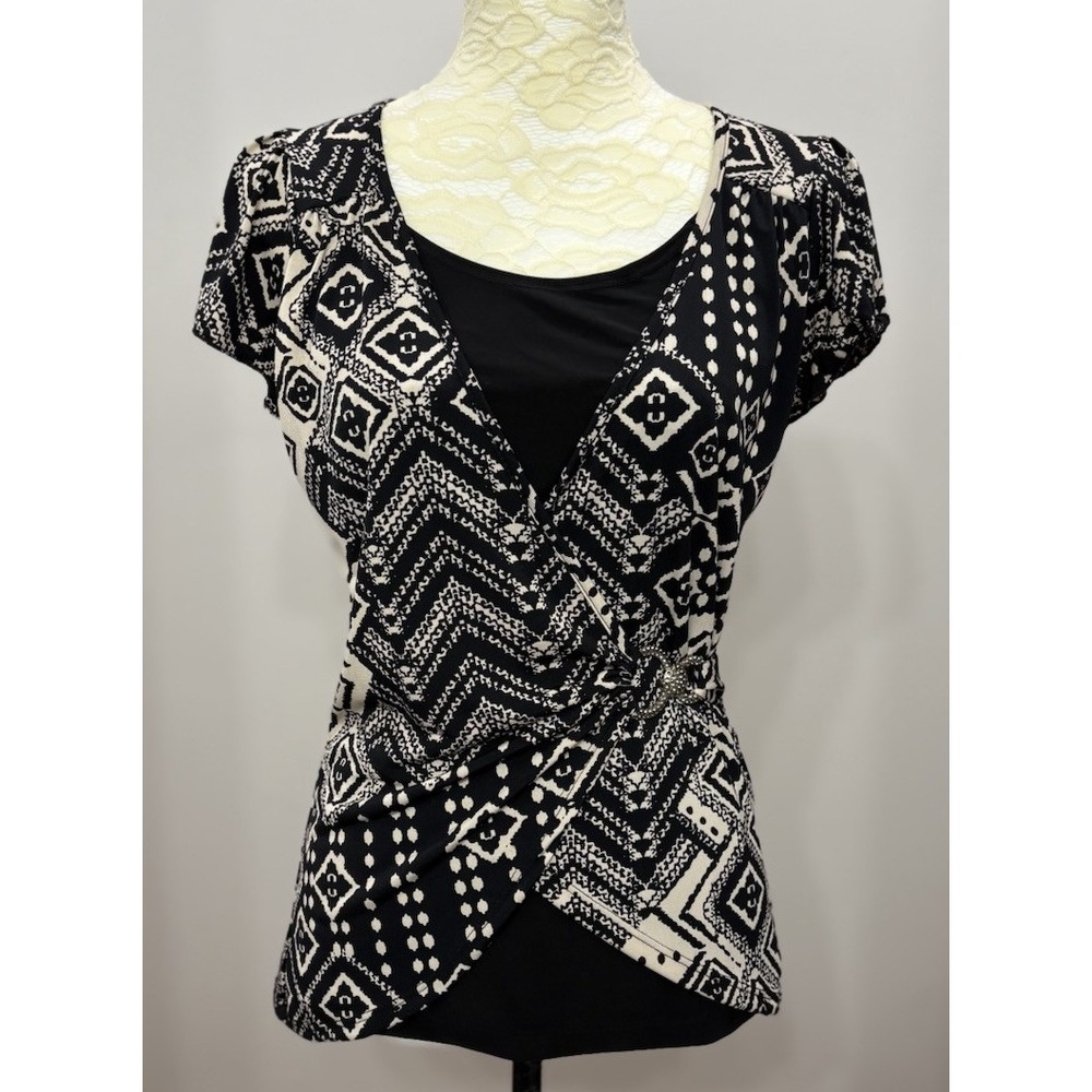 VTG Y2K Women's Small Black Geometric Top Silver Accent Short Sleeve 2000s Retro